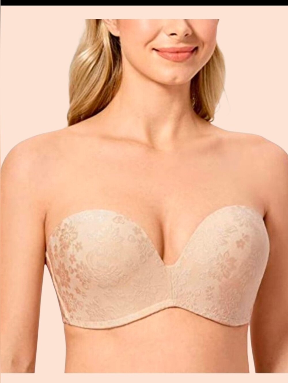 Delmira 42C Beige/Tan Strapless Full Figure Bandeau Bra Jaquard Floral Print